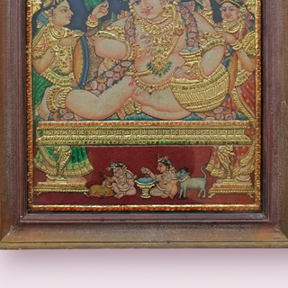 Tanjore Painting in 22 ct gold foil work - Navaneeta Krishna with Yashoda and Devaki