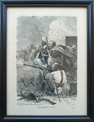 Vintage Woodcut Print,  Mountaineers in Action - Framed