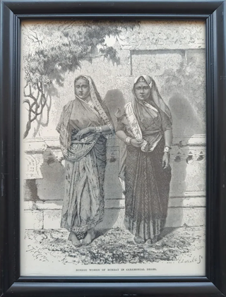 Vintage Woodcut Print, Hindoo Women of Bombay in Ceremonial Dress - Framed