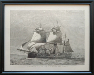 Vintage Woodcut Print, Departure of H.M.S Sultan - Framed