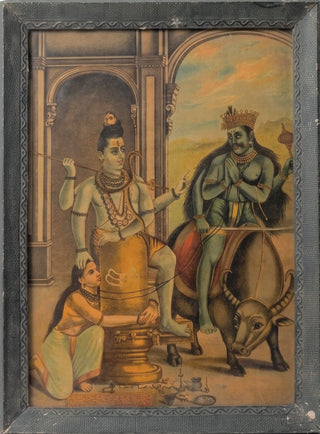 Vintage Raja Ravi Varma Makarandeya Oleograph | Shiva Protecting Markandeya from Yama