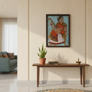Vintage South Indian Reverse Glass Painting | Lady Playing the Veena