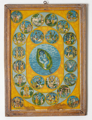 24 Avatars of Shri Vishnu Vintage Oleograph - Framed