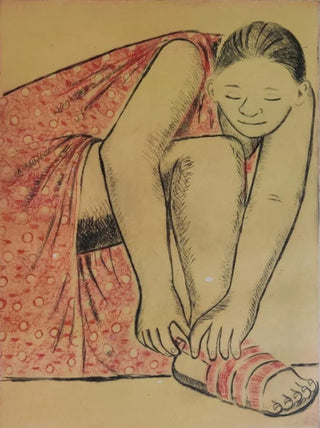 Girl Putting on Her Sandal- Framed