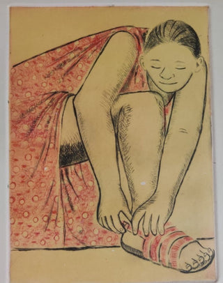 Girl Putting on Her Sandal- Framed