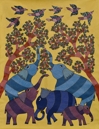 An Elephant Gathering- Gond painting by Ramesh Tekam