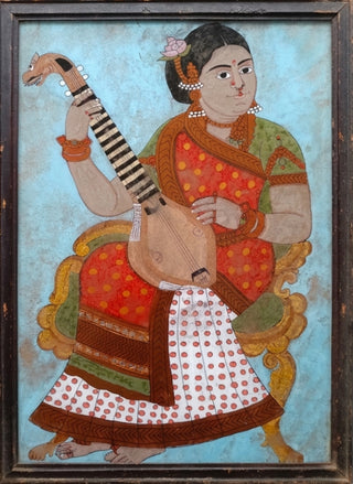 Vintage South Indian Reverse Glass Painting | Lady Playing the Veena